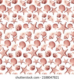 Shells, corals, starfish seamless pattern. Background in marine style. Beach life illustration