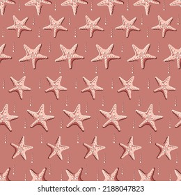 Shells, corals, starfish seamless pattern. Background in marine style. Beach life illustration