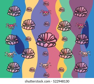 shells and crabs on bright background