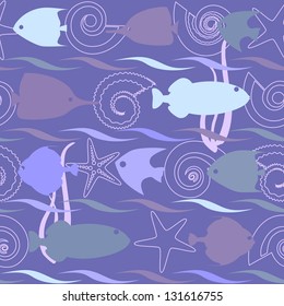 Shells and fish seamless background with stripes