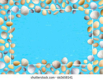 Shells frame. Blue grunge background. Stones and seashells vector. Summer illustration. Ocean or sea poster. Travel illustration. Tropical beach vacation.
