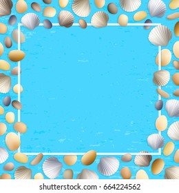 Shells frame. Blue grunge background. Stones and seashells vector. Summer illustration. Ocean or sea poster. Travel illustration. Tropical beach vacation.