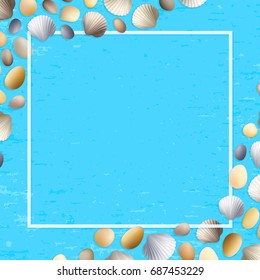 Shells frame. Blue grunge background. Stones and seashells vector. Summer illustration. Ocean or sea poster. Travel backdrop. Tropical beach vacation.