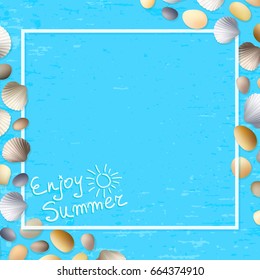 Shells frame. Enjoy summer. Blue grunge background. Stones and seashells vector. Ocean or sea poster. Travel illustration. Tropical beach vacation.