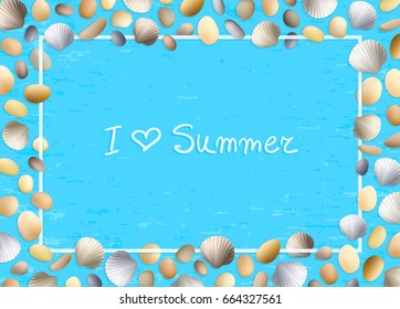 Shells frame. Love summer. Blue grunge background. Stones and seashells vector. Ocean or sea poster. Travel illustration. Tropical beach vacation.