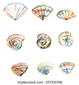 Shells hand drawn vector sketch painted coloring pencil isolated on white background, colorful graphic illustration, designed sea animal for design natural cosmetic, template invite, scrapbooking