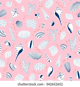 Shells illustration seamless pattern pink background