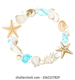 Shells illustrations drawn by ink and pen. For your design, posters, postcards, invitations, menus, weddings and more. 