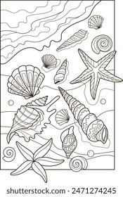 conchas en la arena de la playa. Libro para colorear antistress para niños y adultos. Ilustración vectorial