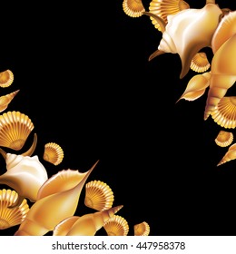Shells on black background. Vector illustration.