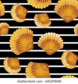 Shells on black lines seamless pattern. Vector illustration.