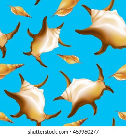Shells on blue background. Seamless. Vector illustration.