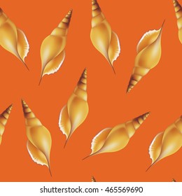 Shells on orange background. Seamless. Vector illustration.