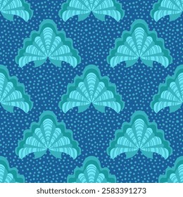 Shells on a turquoise background. Seamless background for fabrics, textiles, packaging and wallpapers. Vector illustration
