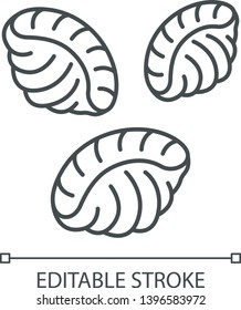 Muscheln pastalinear Symbol. Teig-Muscheln. Italienische Conchiglie Mediterrane Küche. Art der Nudeln. Abbildung mit dünner Linie Kontursymbol. Vektorgrafik mit isoliertem Umriss. Bearbeitbarer Strich