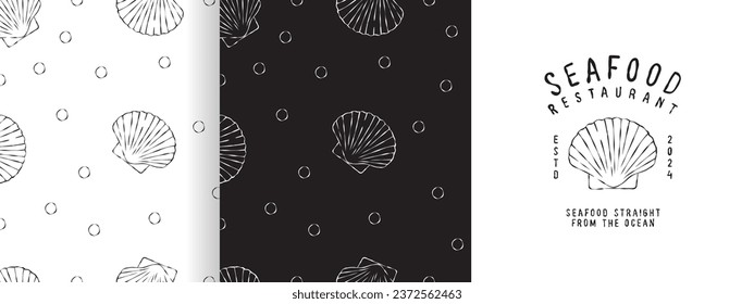 Shells patterns. Seafood sketch. Scallop white and black pattern. Vector scalable graphics