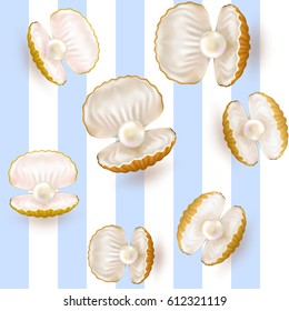 Shells and Pearls Vector Seamless Pattern. Background with Pearl, Vector illustration. Sea