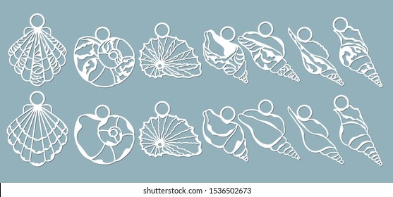 Shells of the sea in the form of pendants. Laser cutting. Craft paper for decoration. Plotter, screen printing.