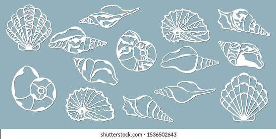 Shells of the sea. Laser cutting. Craft paper for decoration. Plotter, screen printing.