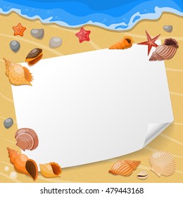 Shells and sea stars composition a sheet of paper on the beach with seashells vector illustration