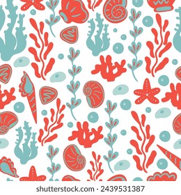 Shells sea stars seaweed seamless pattern