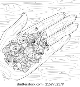 Shells and sea stones in hand.Coloring book antistress for children and adults. Illustration isolated on white background.Zen-tangle style. Hand draw