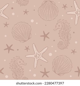 Shells, seahorses and starfishes, seamless pattern with hand drawn vector illustrations with underwater theme