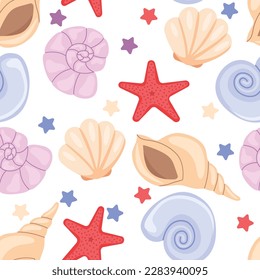 Shells seamless pattern. Cute pastel pattern with shell and starfish. Summer pattern vector illustration.