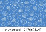 Shells seamless pattern. Hand drawn seashells on blue background. Marine inspired design. Coastal and beach theme.