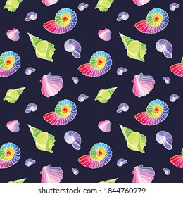 Shells seamless pattern. Hand drawn rainbow color on a black background. Colorful doodle wallpaper