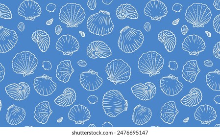 Shells seamless pattern. Hand drawn seashells on blue background. Marine inspired design. Coastal and beach theme.