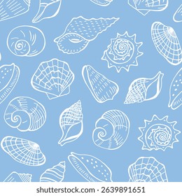 Shells seamless pattern. Hand drawn seashells on blue background. 