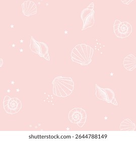 Shells seamless pattern. Hand-drawn seashells on peach background. Marine-inspired design. Coastal and beach theme. Use for childish, apparel, fabric, wrapping, and ceramic etc.