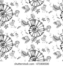 Shells. Seamless pattern with hand-drawn shells.Illustration in black and white colors. Coloring book page design for adults and kids