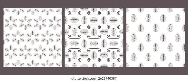 Shells seamless pattern. Set of repeat ornaments with sea elementsand spiral symbols. Various shellfish on white background. Snall seashell. Vector flat illustration