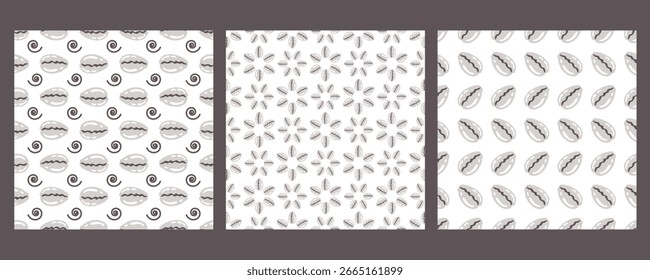 Shells seamless pattern. Set of repeat ornaments with sea elementsand spiral symbols. Various shellfish on white background. Snall seashell. Vector flat illustration