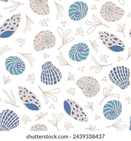 Shells seamless pattern. Summer, beach, sea life, ocean, travel, vacation elegant repeat background. Fabric, paper design.