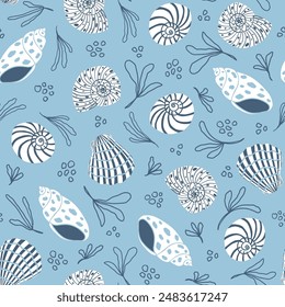 Shells seamless pattern. Summer, beach, sea life, ocean, travel, vacation elegant repeat background. Fabric, paper design.