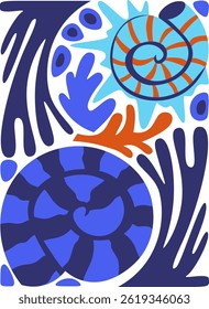 Conchas e algas marinhas são representadas em um estilo arrojado e plano com formas simplificadas.  Nautilus e plantas aquáticas criam uma cena marinha vibrante usando linhas e formas contrastantes. Ilustração de vetor de desenhos animados