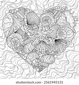 Shells in the shape of a heart and with the sea in the background.Coloring book antistress for children and adults. Illustration isolated on white background.Zen-tangle style. Hand draw