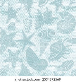 Shells and starfish.  Art sea background with sea creatures on blue watercolor waves. Seamless vector pattern. Perfect for design templates, wallpaper, wrapping, fabric, print and textile. Monochrome.