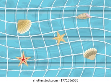 shells, starfish, fishing net, sea seamless pattern