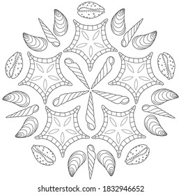 cáscaras y cáscara de cardenales mandala ilustración vectorial en blanco y negro
