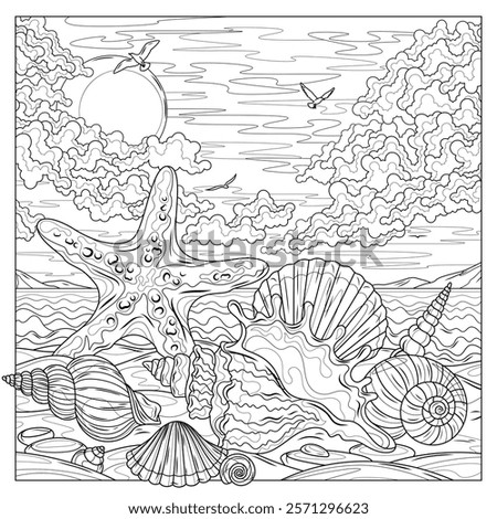 Shells and starfish on the seashore.Coloring book antistress for children and adults. Illustration isolated on white background.Zen-tangle style. Hand draw
