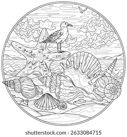 Shells and starfish and the seagull on the seashore  in a round frame.Coloring book antistress for children and adults. Illustration isolated on white background.Zen-tangle style. Hand draw