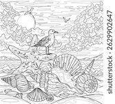 Shells and starfish and the seagull on the seashore.Coloring book antistress for children and adults. Illustration isolated on white background.Zen-tangle style. Hand draw