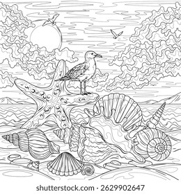 Shells and starfish and the seagull on the seashore.Coloring book antistress for children and adults. Illustration isolated on white background.Zen-tangle style. Hand draw