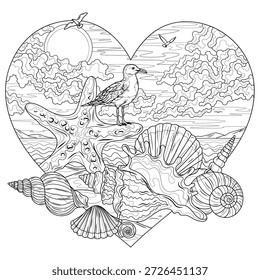 Conchas e estrela-do-mar e a gaivota na orla do mar.Ilustração na forma de um coração.Colorir livro antistress para crianças e adultos. Ilustração isolada em fundo branco.Desenho da mão