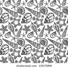 Shells and starfish seamless pattern.