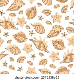 Shells and starfish seamless pattern. Beige mollusks on white background. Summer tropical background. Perfect for fabric, wallpapers, and creative projects.